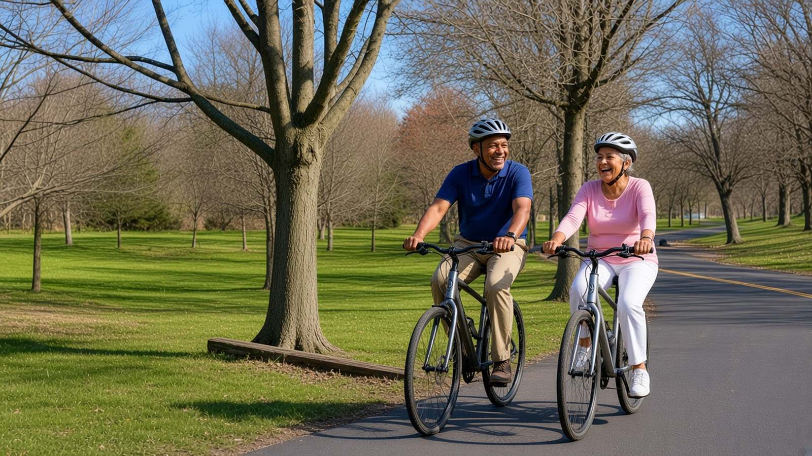 A laughing older couple in a navy polo and a light pink top ride bicycles along the paved path in Green Brook Park, Plainfield, on a sunny day