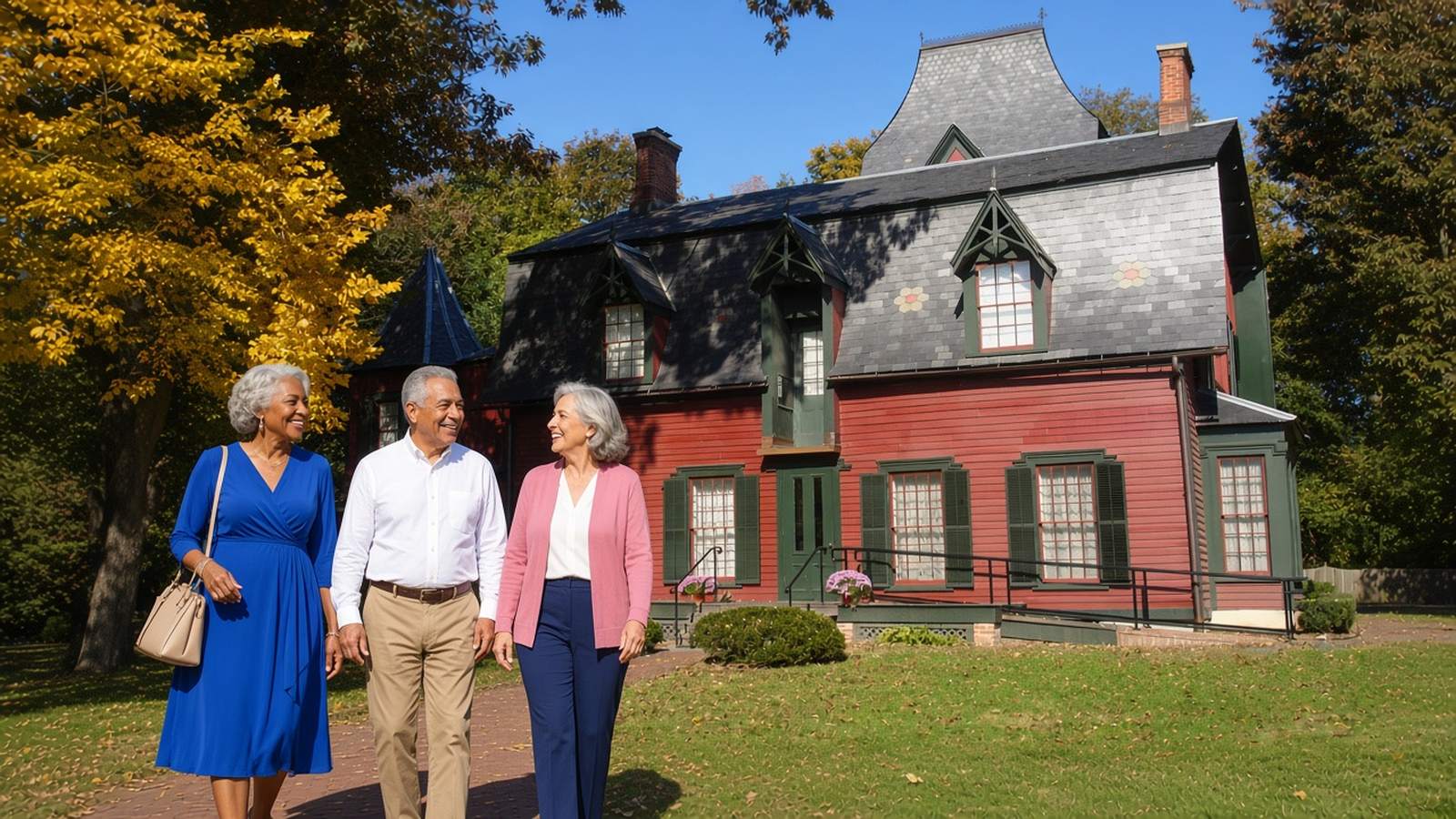 Three smiling older friends in a cobalt dress, a white shirt and a rose cardigan stroll past the historic Drake House on West Front Street in Plainfield