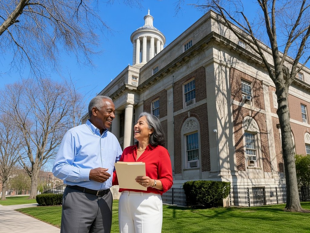 A smiling older man in a light blue oxford shirt and a laughing older woman in a red blouse holding a folder chat on the sunny lawn of Plainfield City Hall on Watchung Avenue