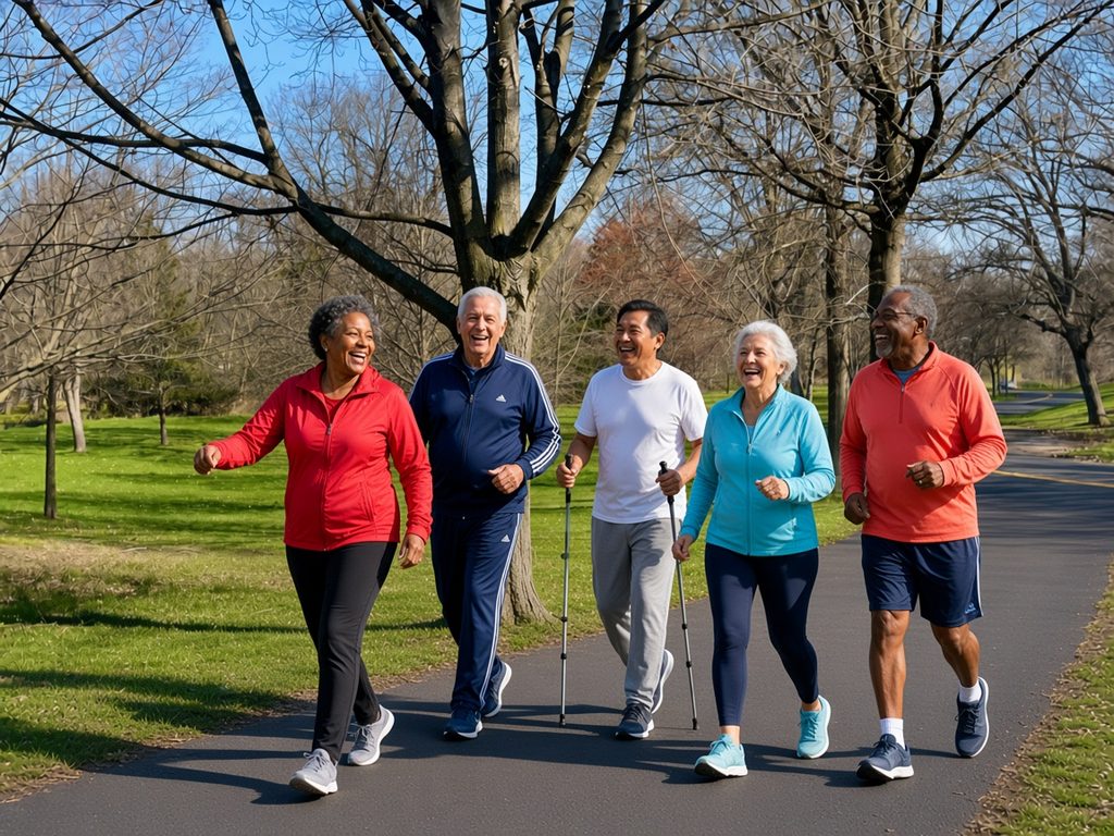 Five laughing older adults in a red jacket, navy track suit, white t-shirt, light blue zip-up and coral pullover power-walk with walking poles along a sunny path in Green Brook Park, Plainfield