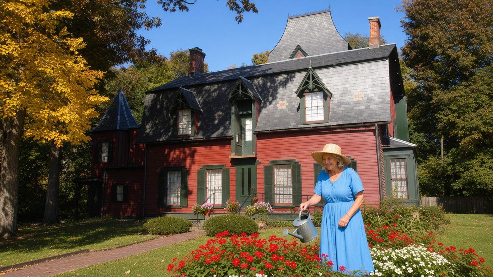A smiling older woman in a sky blue dress and straw hat waters red and white flowers on the lawn of the historic Drake House in Plainfield